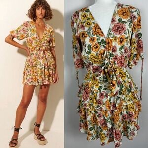 Kivari Australia Sophia Tie Front Mini Dress Womens Size 4 Bohemian Summer Boho